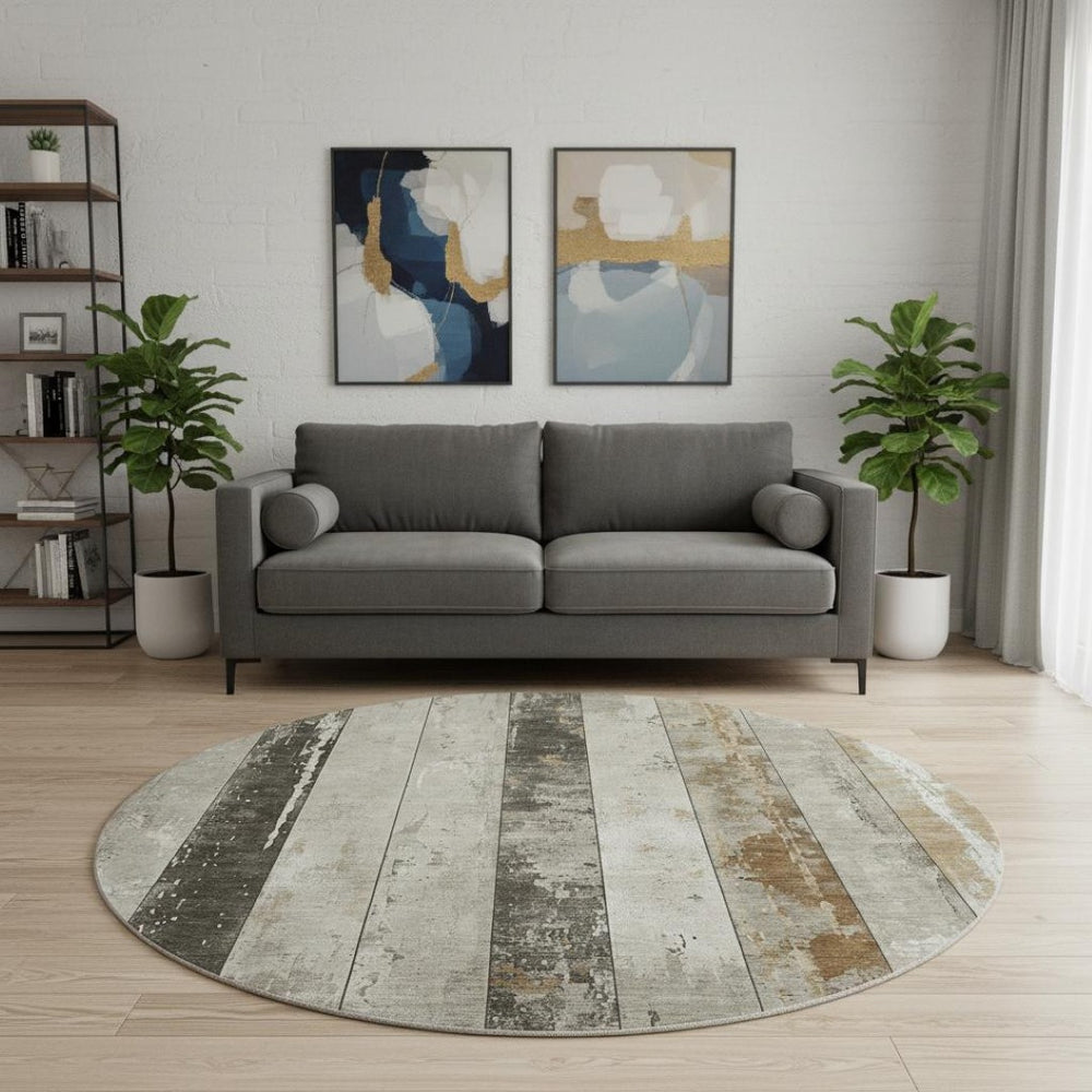HomeRoots 8' Beige and Gray Striped Washable Round Rug - UV Resistant, Soft, Durable for High-Traffic Spaces 706292
