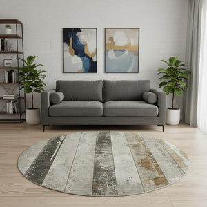 HomeRoots 8' Beige and Gray Striped Washable Round Rug - UV Resistant, Soft, Durable for High-Traffic Spaces 706292