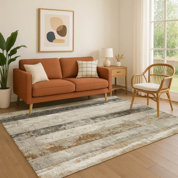 HomeRoots 10' X 14' Beige and Gray Striped Area Rug – Washable, UV-Protected, Durable, and Stylish for Any Space 706295