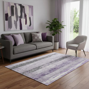 HomeRoots 5' X 8' Stylish Lavender and Gray Striped Washable Area Rug with Stain Resistance and UV Protection 706297