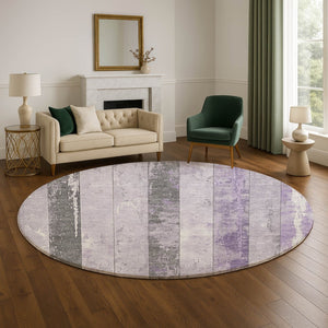 HomeRoots 8' Stylish Lavender and Gray Striped Washable Round Rug with UV Protection for Family Spaces 706298