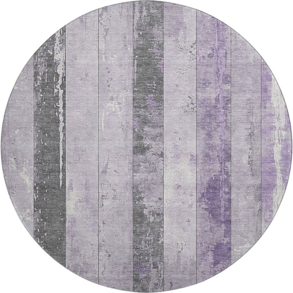 HomeRoots 8' Stylish Lavender and Gray Striped Washable Round Rug with UV Protection for Family Spaces 706298