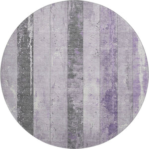 HomeRoots 8' Stylish Lavender and Gray Striped Washable Round Rug with UV Protection for Family Spaces 706298