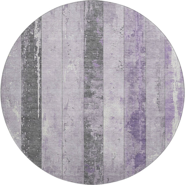 HomeRoots 8' Stylish Lavender and Gray Striped Washable Round Rug with UV Protection for Family Spaces 706298
