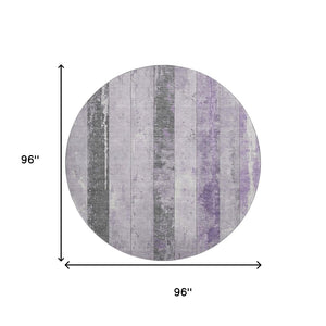 HomeRoots 8' Stylish Lavender and Gray Striped Washable Round Rug with UV Protection for Family Spaces 706298
