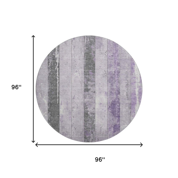 HomeRoots 8' Stylish Lavender and Gray Striped Washable Round Rug with UV Protection for Family Spaces 706298