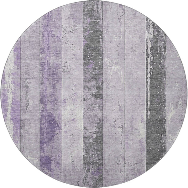 HomeRoots 8' Stylish Lavender and Gray Striped Washable Round Rug with UV Protection for Family Spaces 706298