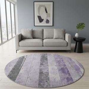 HomeRoots 8' Stylish Lavender and Gray Striped Washable Round Rug with UV Protection for Family Spaces 706298