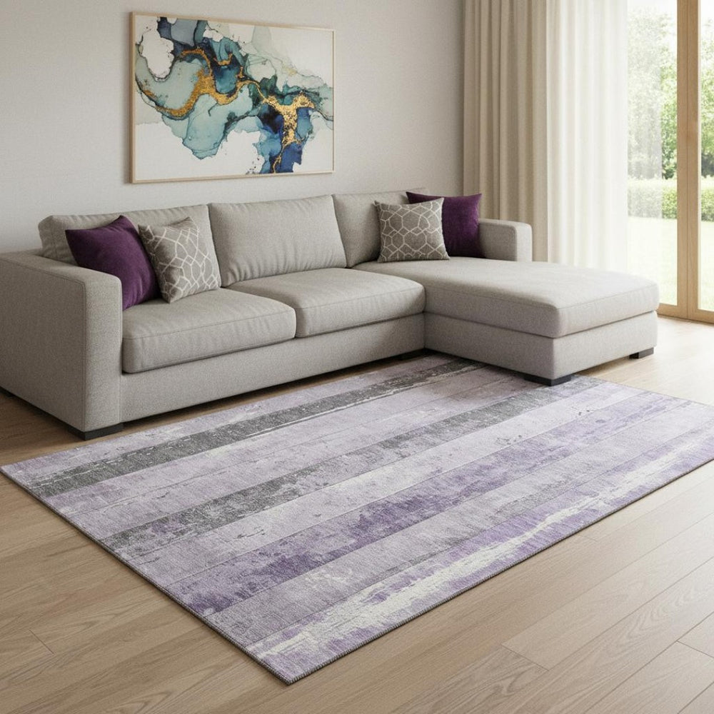 HomeRoots 8' X 10' Lavender and Gray Striped Area Rug - Washable, UV-Protected, Pet-Friendly for Easy Care 706299
