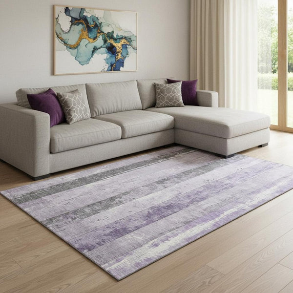 HomeRoots 8' X 10' Lavender and Gray Striped Area Rug - Washable, UV-Protected, Pet-Friendly for Easy Care 706299
