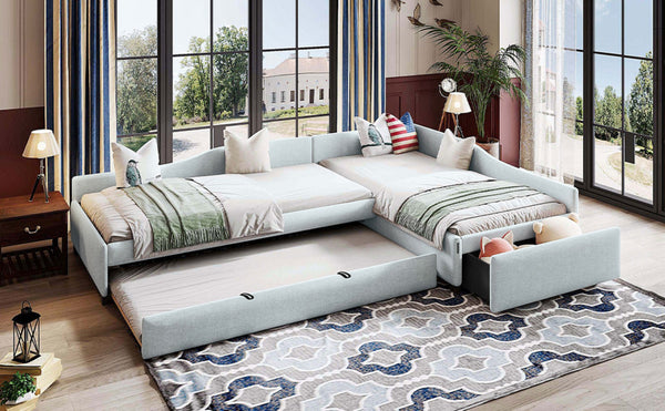 English Elm Upholstered Twin Daybed with Pull Out Trundle Linen Blend Sofa Style Studio Bed GX001316AAA