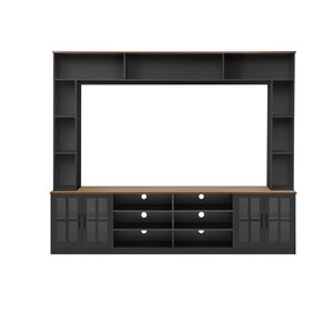 English Elm 95.5" Modern Farmhouse Wall Unit Mdf Bookshelf with Tempered Glass Cabinet Doors Black SJ000161AAB