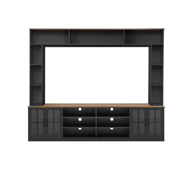 English Elm 95.5" Modern Farmhouse Wall Unit Mdf Bookshelf with Tempered Glass Cabinet Doors Black SJ000161AAB
