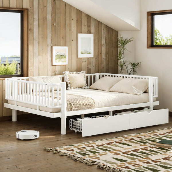 English Elm Full Size Metal Platform Storage Bed Low Profile Steel Frame with Built-in Drawers Light White W5305P471351