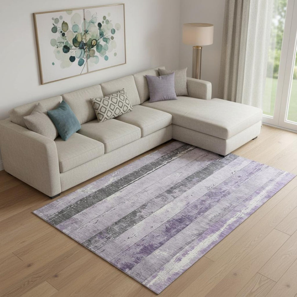 HomeRoots 9' X 12' Stylish Lavender & Gray Striped Washable Area Rug with UV Protection for Modern Spaces 706300