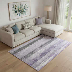 HomeRoots 9' X 12' Stylish Lavender & Gray Striped Washable Area Rug with UV Protection for Modern Spaces 706300