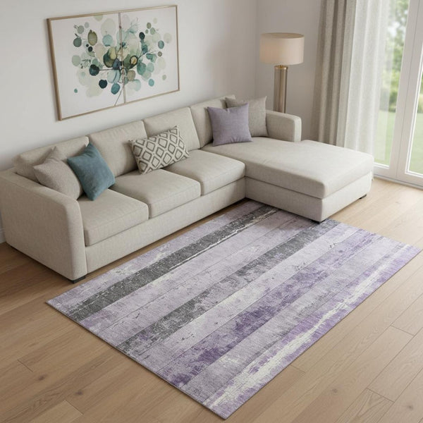 HomeRoots 9' X 12' Stylish Lavender & Gray Striped Washable Area Rug with UV Protection for Modern Spaces 706300