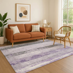 HomeRoots 9' X 12' Stylish Lavender & Gray Striped Washable Area Rug with UV Protection for Modern Spaces 706300