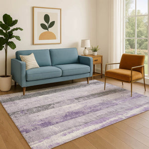 HomeRoots 9' X 12' Stylish Lavender & Gray Striped Washable Area Rug with UV Protection for Modern Spaces 706300