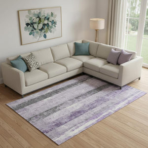 HomeRoots 10' X 14' Stylish Lavender & Gray Striped Washable Area Rug with UV Protection for Modern Homes 706301