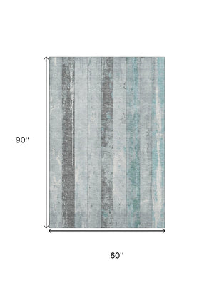 HomeRoots 5' X 8' Coastal-Inspired Pale Aqua & Gray Striped Washable Area Rug with UV Protection & Durability 706303