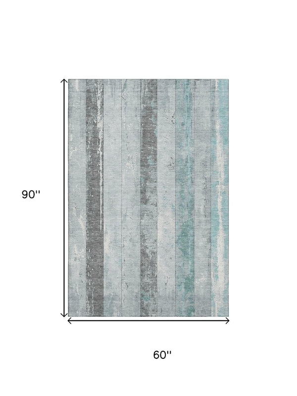 HomeRoots 5' X 8' Coastal-Inspired Pale Aqua & Gray Striped Washable Area Rug with UV Protection & Durability 706303