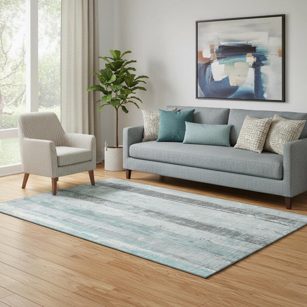 HomeRoots 5' X 8' Coastal-Inspired Pale Aqua & Gray Striped Washable Area Rug with UV Protection & Durability 706303