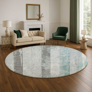 HomeRoots 8' Pale Aqua & Gray Striped Washable Round Rug - UV Protected, Non-Slip, Stain-Resistant Design! 706304