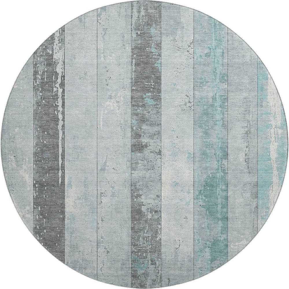 HomeRoots 8' Pale Aqua & Gray Striped Washable Round Rug - UV Protected, Non-Slip, Stain-Resistant Design! 706304