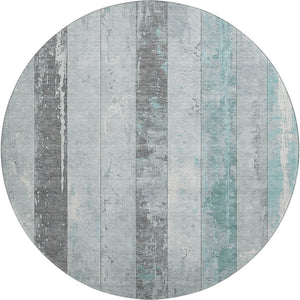 HomeRoots 8' Pale Aqua & Gray Striped Washable Round Rug - UV Protected, Non-Slip, Stain-Resistant Design! 706304