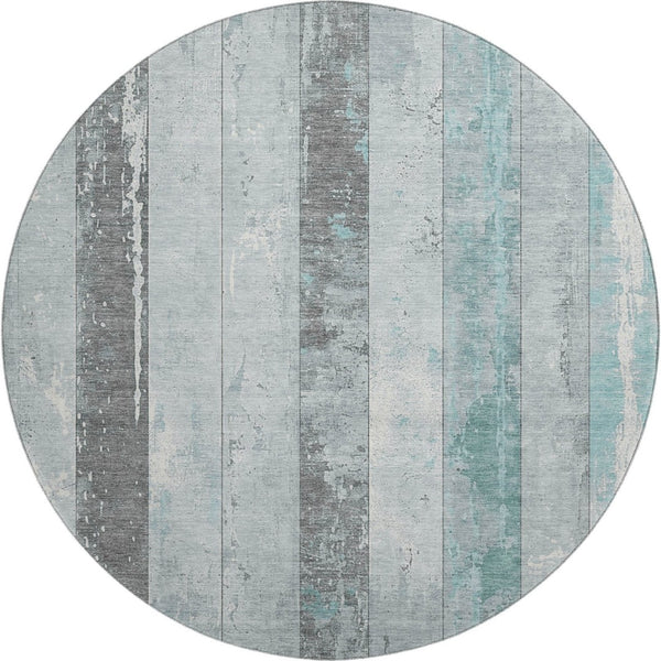HomeRoots 8' Pale Aqua & Gray Striped Washable Round Rug - UV Protected, Non-Slip, Stain-Resistant Design! 706304