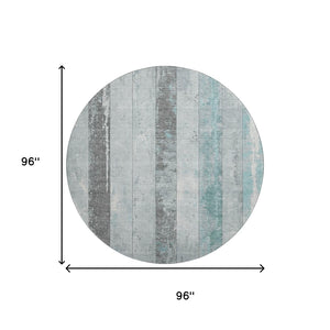 HomeRoots 8' Pale Aqua & Gray Striped Washable Round Rug - UV Protected, Non-Slip, Stain-Resistant Design! 706304