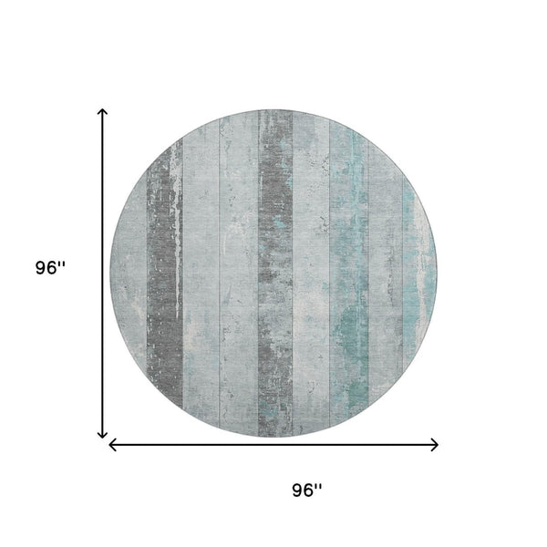 HomeRoots 8' Pale Aqua & Gray Striped Washable Round Rug - UV Protected, Non-Slip, Stain-Resistant Design! 706304