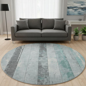 HomeRoots 8' Pale Aqua & Gray Striped Washable Round Rug - UV Protected, Non-Slip, Stain-Resistant Design! 706304