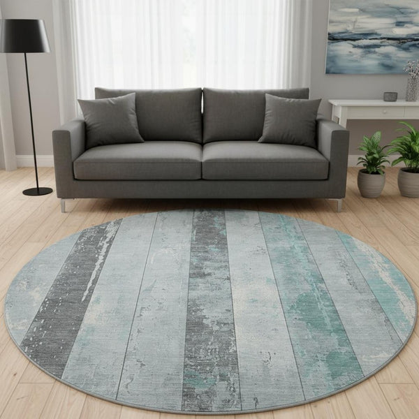 HomeRoots 8' Pale Aqua & Gray Striped Washable Round Rug - UV Protected, Non-Slip, Stain-Resistant Design! 706304