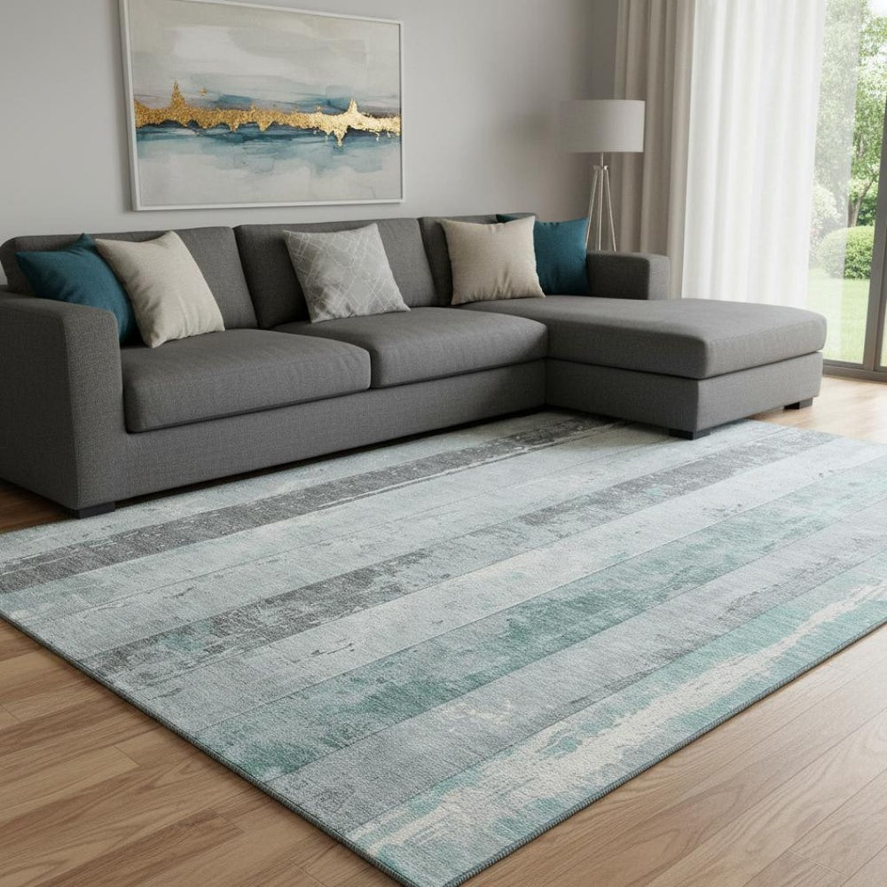 HomeRoots 8' X 10' Pale Aqua and Gray Striped Washable Area Rug with UV Protection for Family-Friendly Spaces 706305