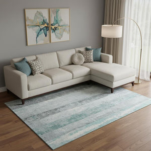 HomeRoots 9' X 12' Striped Washable Area Rug in Pale Aqua & Gray – UV Protected, Soft, Durable, Non-Slip Design 706306
