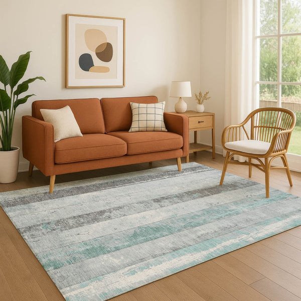 HomeRoots 9' X 12' Striped Washable Area Rug in Pale Aqua & Gray – UV Protected, Soft, Durable, Non-Slip Design 706306