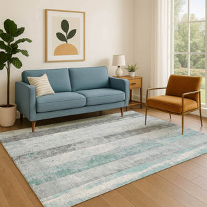 HomeRoots 9' X 12' Striped Washable Area Rug in Pale Aqua & Gray – UV Protected, Soft, Durable, Non-Slip Design 706306