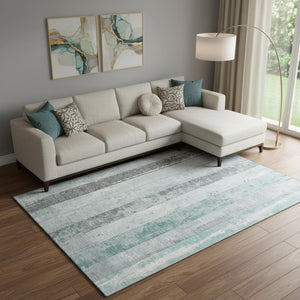 HomeRoots 10' X 14' Washable Pale Aqua & Gray Striped Area Rug - UV Protected, Durable, Stylish for Any Space 706307