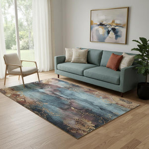 HomeRoots 5' X 8' Floral Area Rug in Blue, Gold & Copper – Washable, UV-Protected, Durable & Stylish Design! 706309