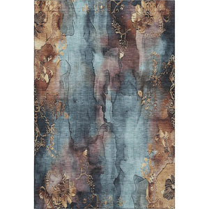 HomeRoots 5' X 8' Floral Area Rug in Blue, Gold & Copper – Washable, UV-Protected, Durable & Stylish Design! 706309