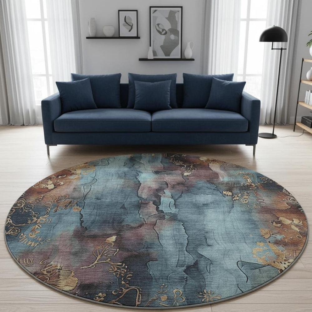 HomeRoots 8' Blue Gold Copper Floral Area Rug - Washable, Durable, UV-Protected for Stylish Living Spaces! 706310