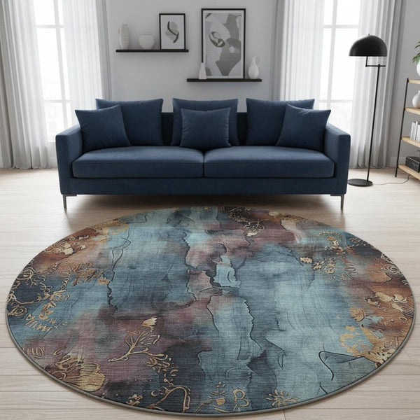 HomeRoots 8' Blue Gold Copper Floral Area Rug - Washable, Durable, UV-Protected for Stylish Living Spaces! 706310