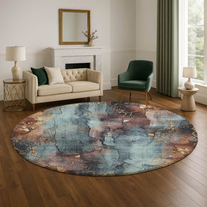 HomeRoots 8' Blue Gold Copper Floral Area Rug - Washable, Durable, UV-Protected for Stylish Living Spaces! 706310