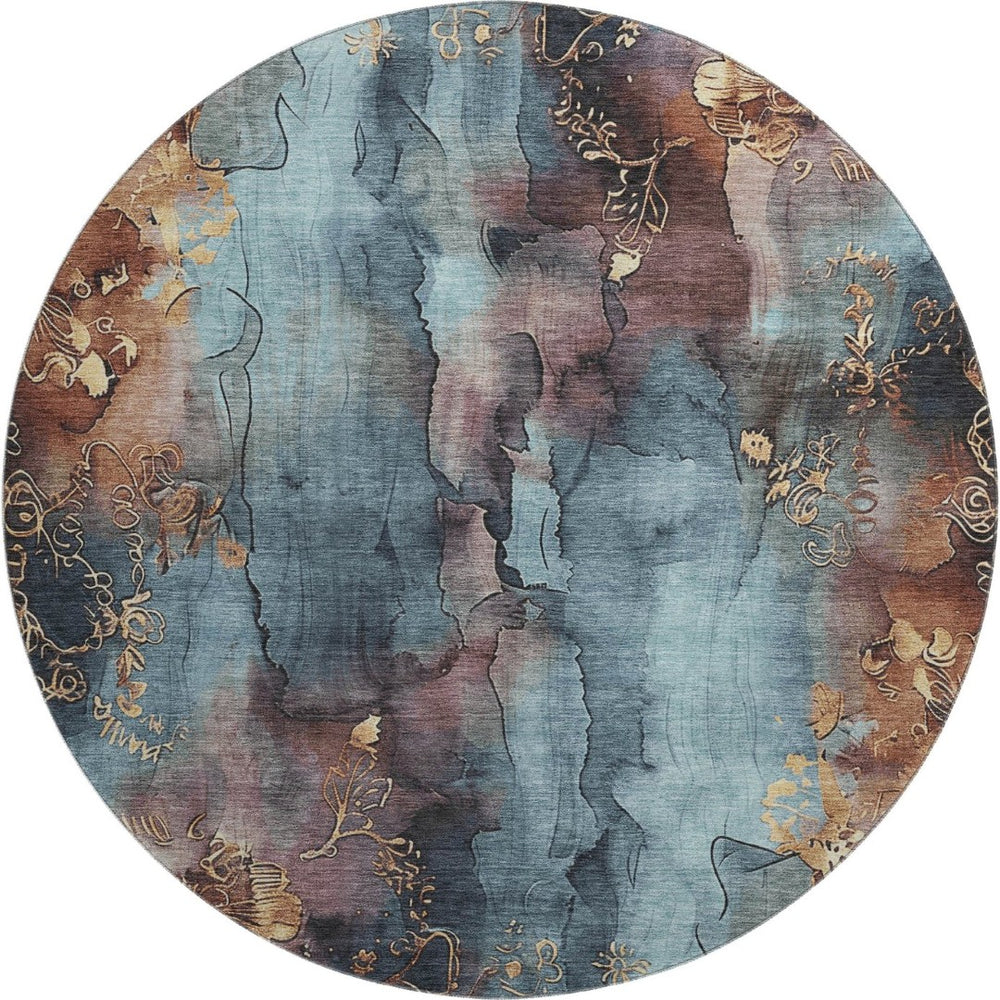 HomeRoots 8' Blue Gold Copper Floral Area Rug - Washable, Durable, UV-Protected for Stylish Living Spaces! 706310