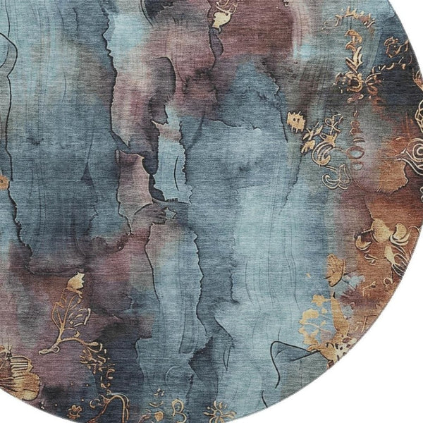 HomeRoots 8' Blue Gold Copper Floral Area Rug - Washable, Durable, UV-Protected for Stylish Living Spaces! 706310