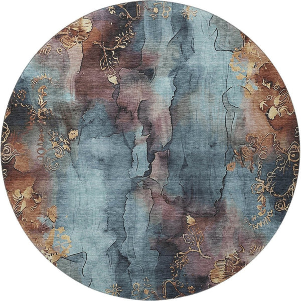HomeRoots 8' Blue Gold Copper Floral Area Rug - Washable, Durable, UV-Protected for Stylish Living Spaces! 706310