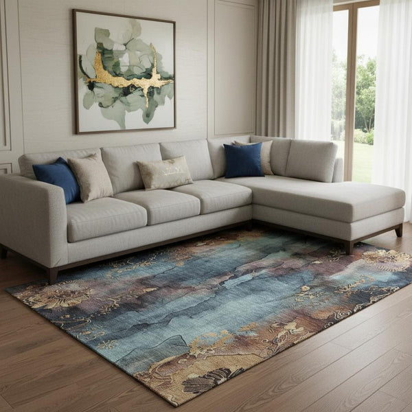 HomeRoots 8' X 10' Floral Area Rug in Blue, Gold & Copper - Washable, UV-Protected, and Stain-Resistant Design 706311