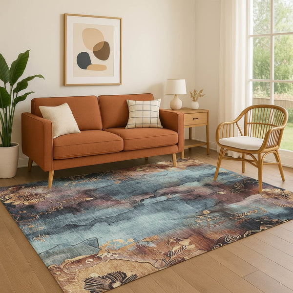 HomeRoots 8' X 10' Floral Area Rug in Blue, Gold & Copper - Washable, UV-Protected, and Stain-Resistant Design 706311